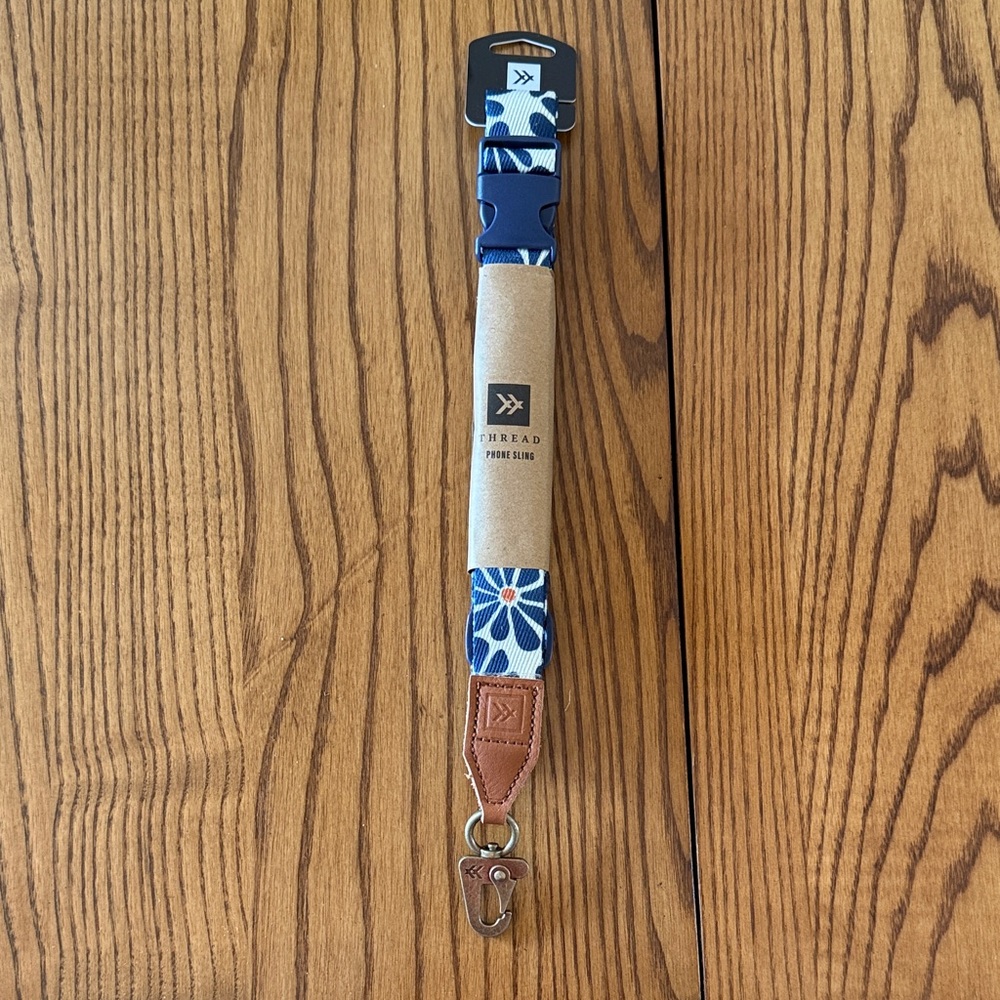 Thread Phone Sling Strap in Blue Floral with Leather Accents